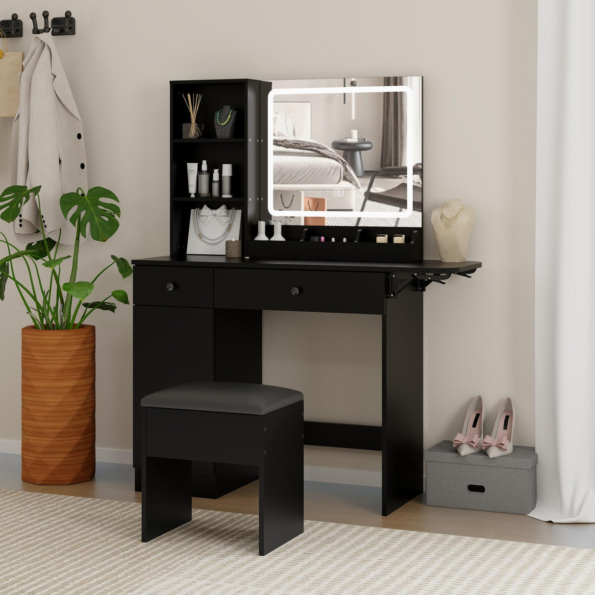 Vanity Desk Set with Mirror and LED Lights, Makeup Table with 2 Drawers & 1 Cabinet, Power Outlet, Storage Cushioned Stool, Dressing Table for Bedroom (Black) Panana