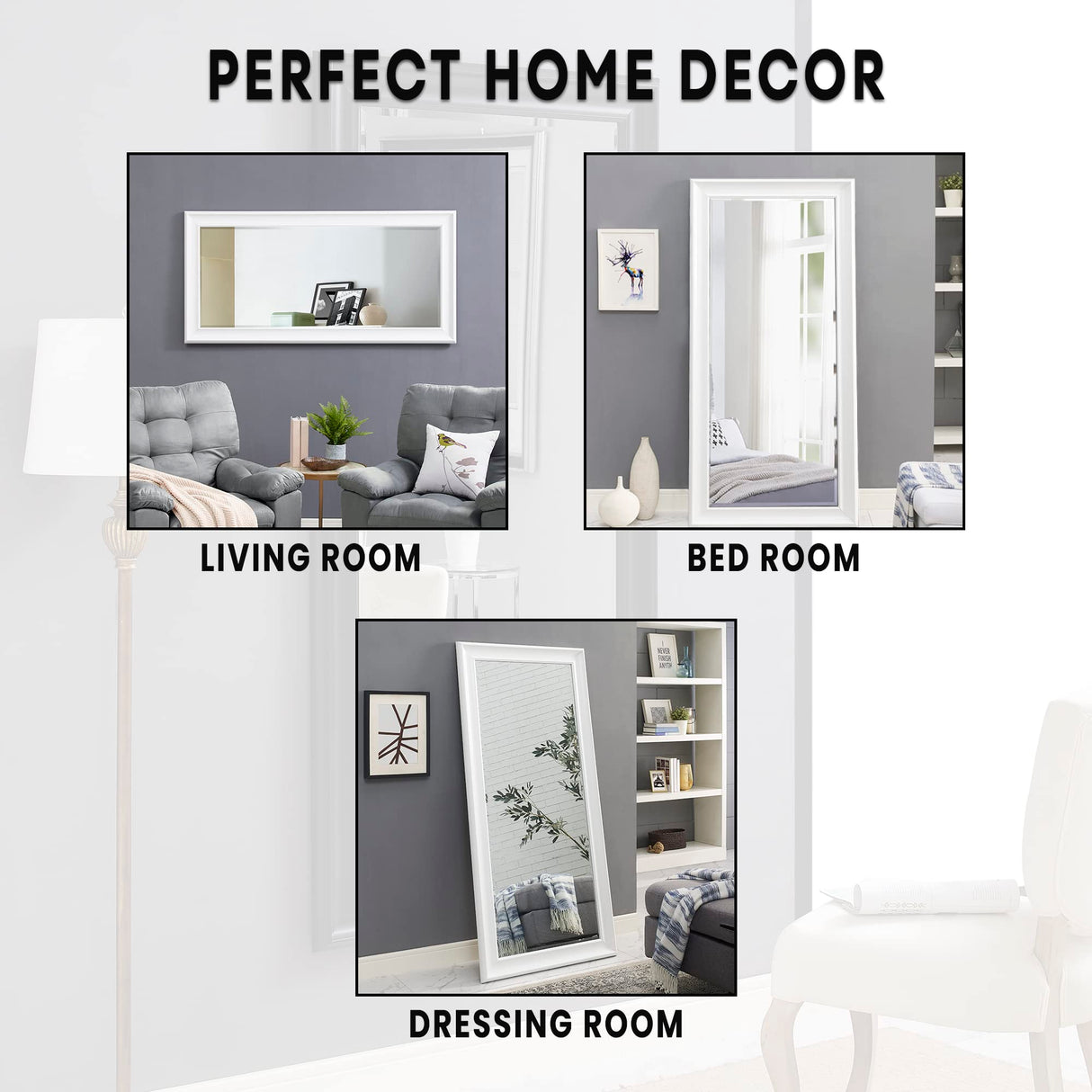Classy Full Length White Wood Mirror – Standing or Wall Mounted | Rust-Resistant Coating | Ideal Full Body Dressing Mirror for Bedroom, Living Room, Beach Décor – Durable, Shatterproof Design Naomi Home