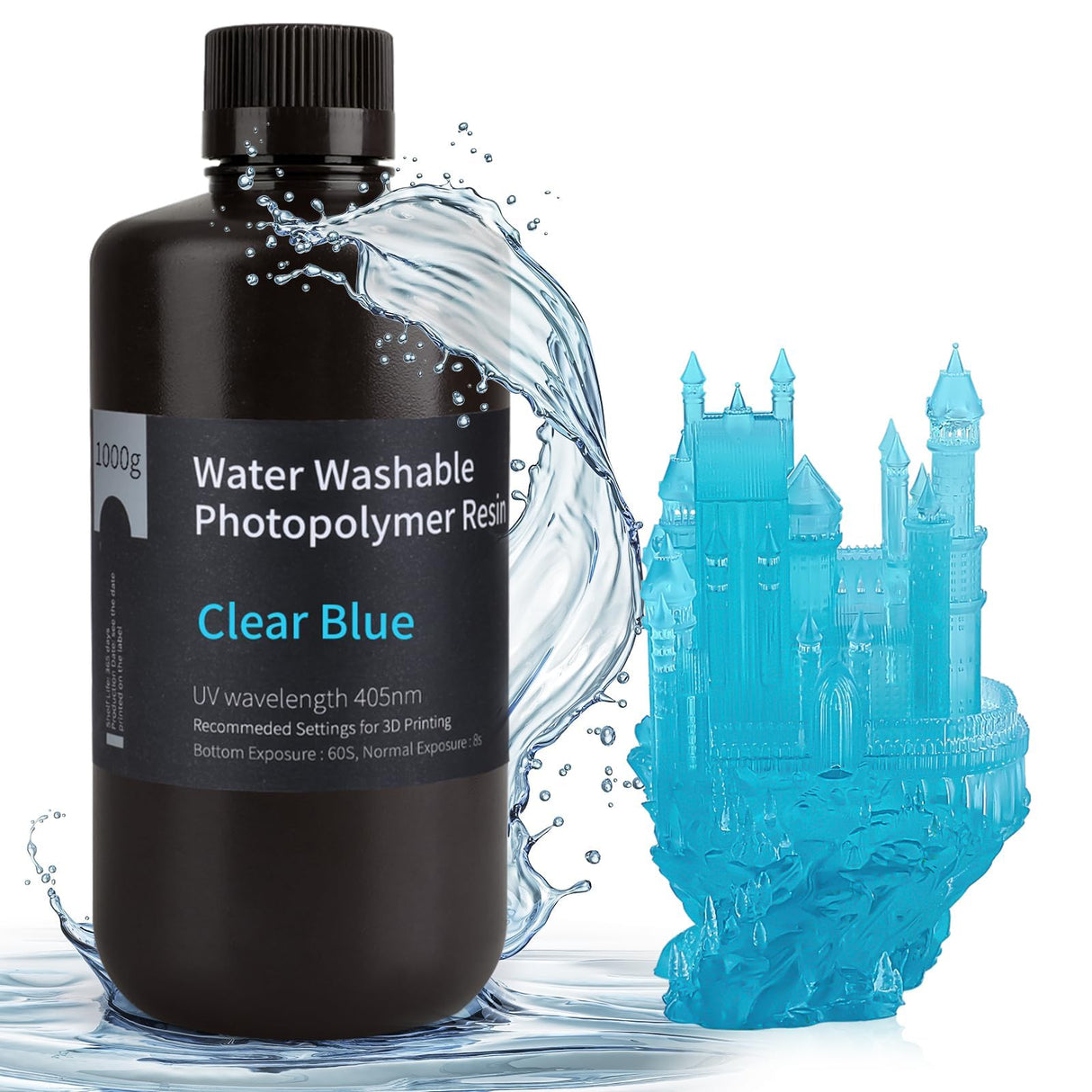 ELEGOO Water Washable 3D Printer Resin LCD UV-Curing Resin 405nm Standard Photopolymer Resin for Mars Saturn Jupiter MSLA DLP LCD 3D Printing 1000Gram Clear Blue ELEGOO