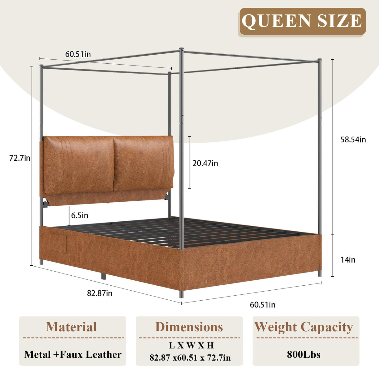 Canopy Bed Frame Queen Size with Upholstered Headboard, Tall Four Poster Metal Platform Bed, Easy to Assemble, No Box Spring Needed, Brown QNICE
