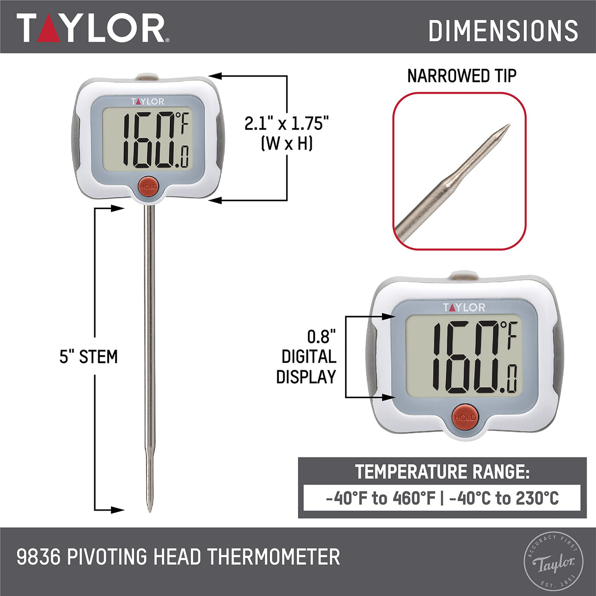 Taylor Pivoting Head Instant Read Digital Meat Food Grill BBQ Cooking Kitchen Thermometer with Protective Sleeve, Gray Taylor