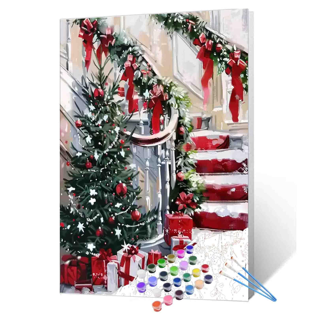 Tucocoo Merry Christmas Painting Fashion Red Stairs Paint by Number Kits 16 x 20 inch Canvas DIY Xmas Tree Oil Painting for Adults Beginner with Brushes and Acrylic Gift Box Art Home Decor(Frameless) Tucocoo