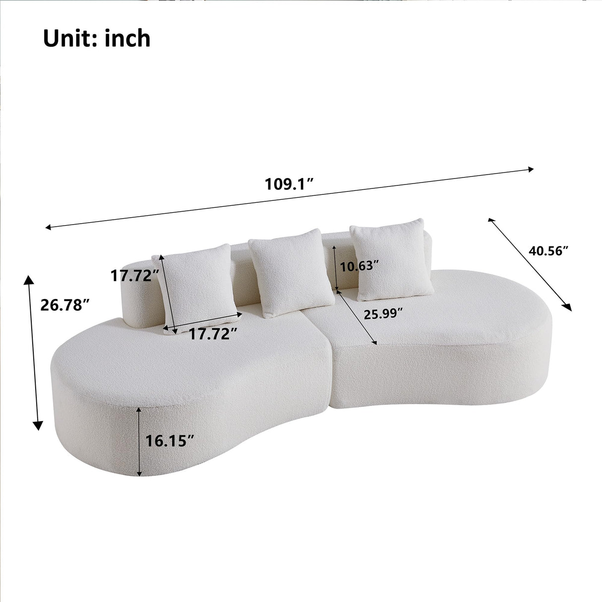 BAMOOLI 109'' Curved Couch, Mid Century Modern Half Moon Sofa, Luxury 3-Seat Couch with High-Density Foam Filled, Raindrop Velvet Fabric Sectional Sofa for Living Room, Apartment, Office, White BAMOOLI