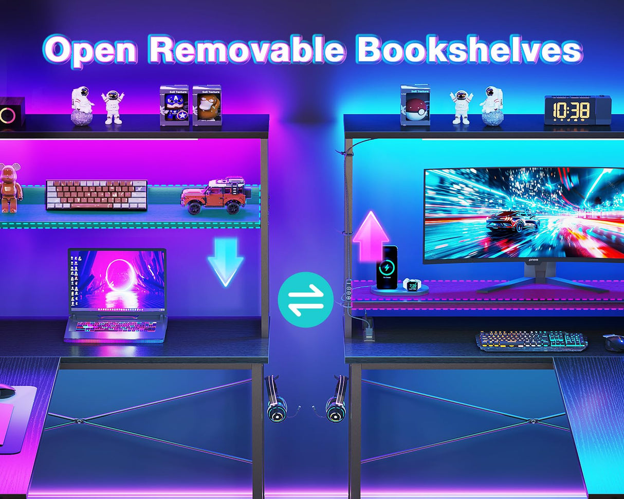 AODK L Shaped Desk Gaming Desk with LED Light & Power Outlet, 53 Inch Reversible L Shaped Computer Desk with Shelf, Corner Desk with Storage Bag&Hook for Home Office Desk, Black AODK