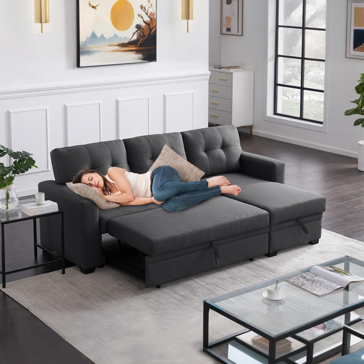 Yafylly L Shape Sleeper Sofa Bed with Storage, Large Full Size Pull Out Sectional Couch, Futon Chaise Lounge Recliner for Living Room, Apartment, Bedroom, Office Yafylly