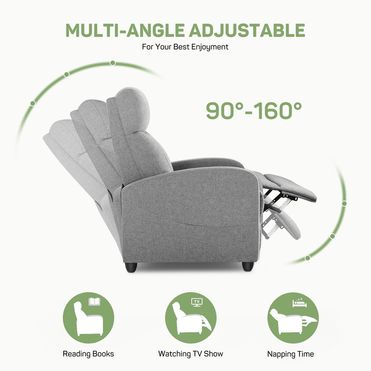 Recliner Chair with Massage and Lumbar Support, Small Fabric Home Theater Seating, Adjustable Modern Reclining Chair for Adults in Living Room Zibbizo