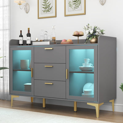 Auromie Sideboard Buffet Cabinet with 3 Drawers, Kitchen Storage Cabinet with LED Light, Coffee Bar Cabinet with Adjustable Shelf,Modern Organizer Cabinet with Door (Grey)