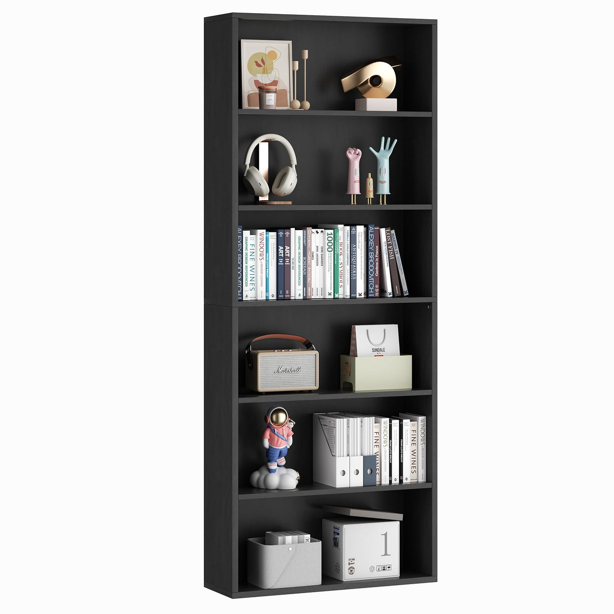 Vongrasig 6-Tier Open Bookcase and Bookshelf, Floor Standing Wood Display Storage Shelves 71 Inch Tall Bookcase Home Decor Furniture for Home Office, Living Room, Bed Room, Black Vongrasig