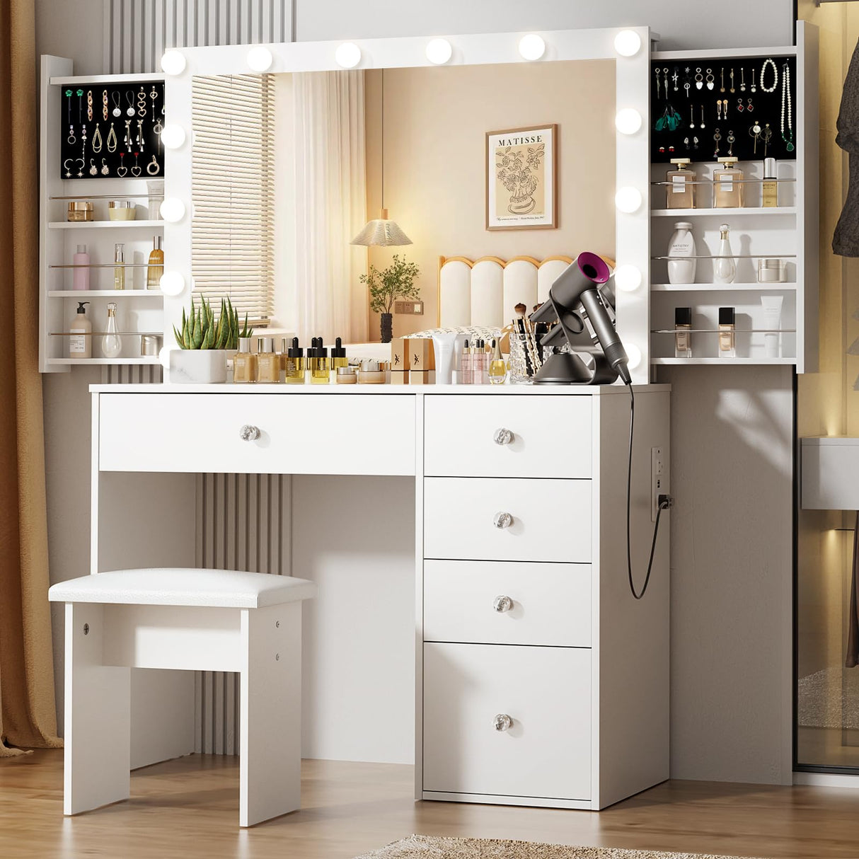 VOWNER White Makeup Vanity Desk with Lighted Mirror & Power Outlet, 3 Color Modes, Vanity Table with Drawer,Sliding Shelves for Bedroom VOWNER