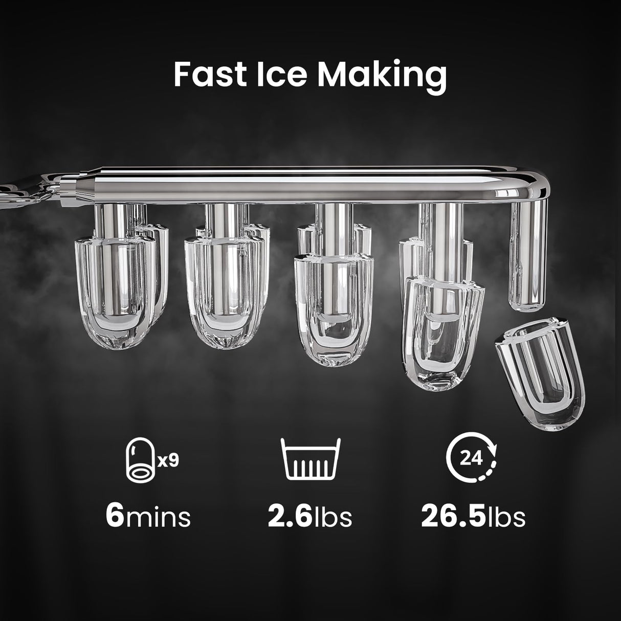 AGLUCKY Ice Makers Countertop with Handle,26.5Lbs/24H,9 Cubes in 6 Mins,2 Sizes of Bullet Ice,Portable Machine with Self-Cleaning,Perfect for Home Kitchen(Black) AGLUCKY