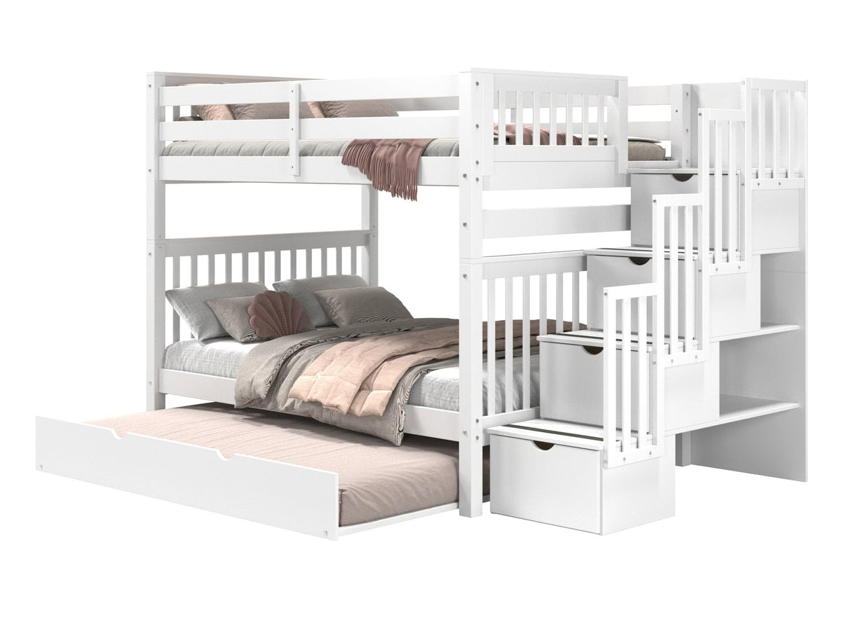 Bedz King Stairway Bunk Beds Full over Full with 4 Drawers in the Steps and a Twin Trundle, White Bedz King