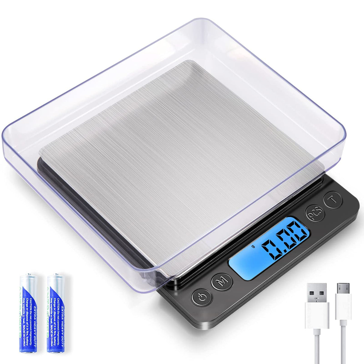 Small Digital Gram Scale 1000g by 0.01g, MEIYA High Accuracy Scale for Food Ounces and Grams, Upgrade USB Charging Kitchen Scale Digital Weight for Cooking, Baking, with Tare Function, 9 Units, 2 Tray MEIYA