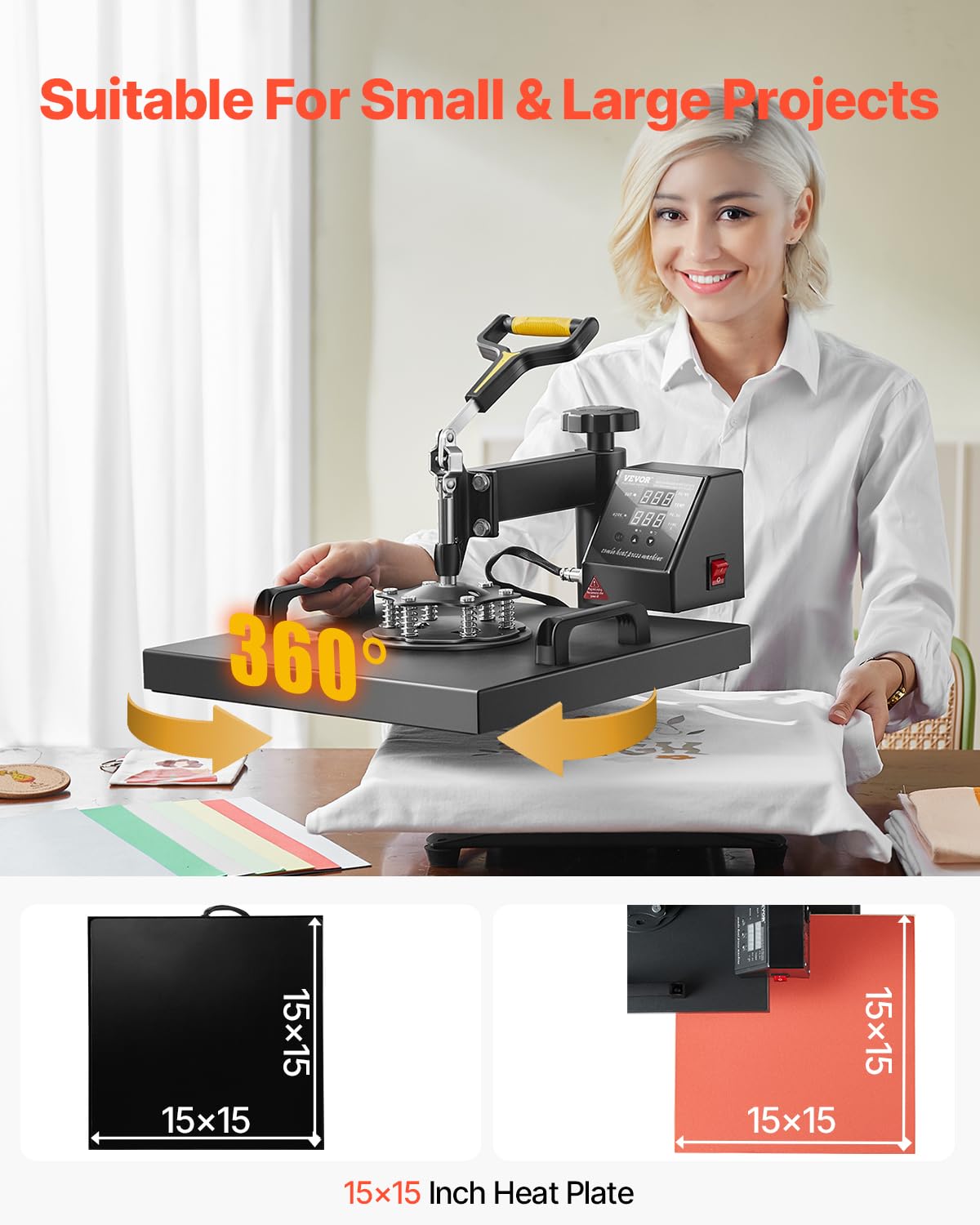 VEVOR 2 in 1 Heat Press Machine for T Shirts and Hats, 15x15 Inch Professional Swing Away Digital Tshirt Press Machine for Sublimation, Vinyl, Heat Transfer Projects VEVOR