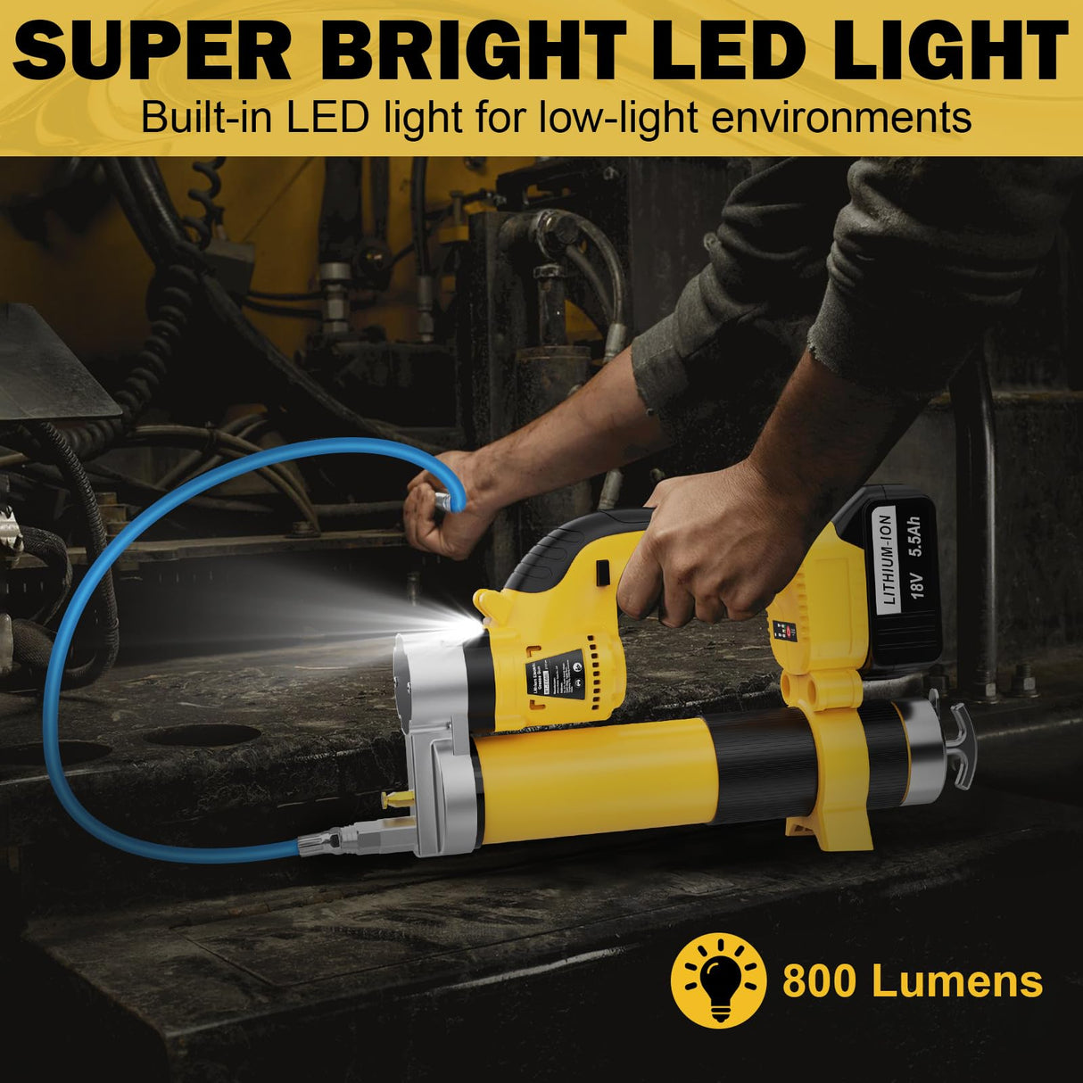 Electric Grease Gun Battery Powered, Automatic Cordless Grease Gun Kit with 2 Batteries & Charger, 5.5 Ah, LED Light, 12000PSI, 3-Speed Triggers, 19.7'' Flex Hose, for Automotive Marine Farm Equipment DEJUNPIOOL