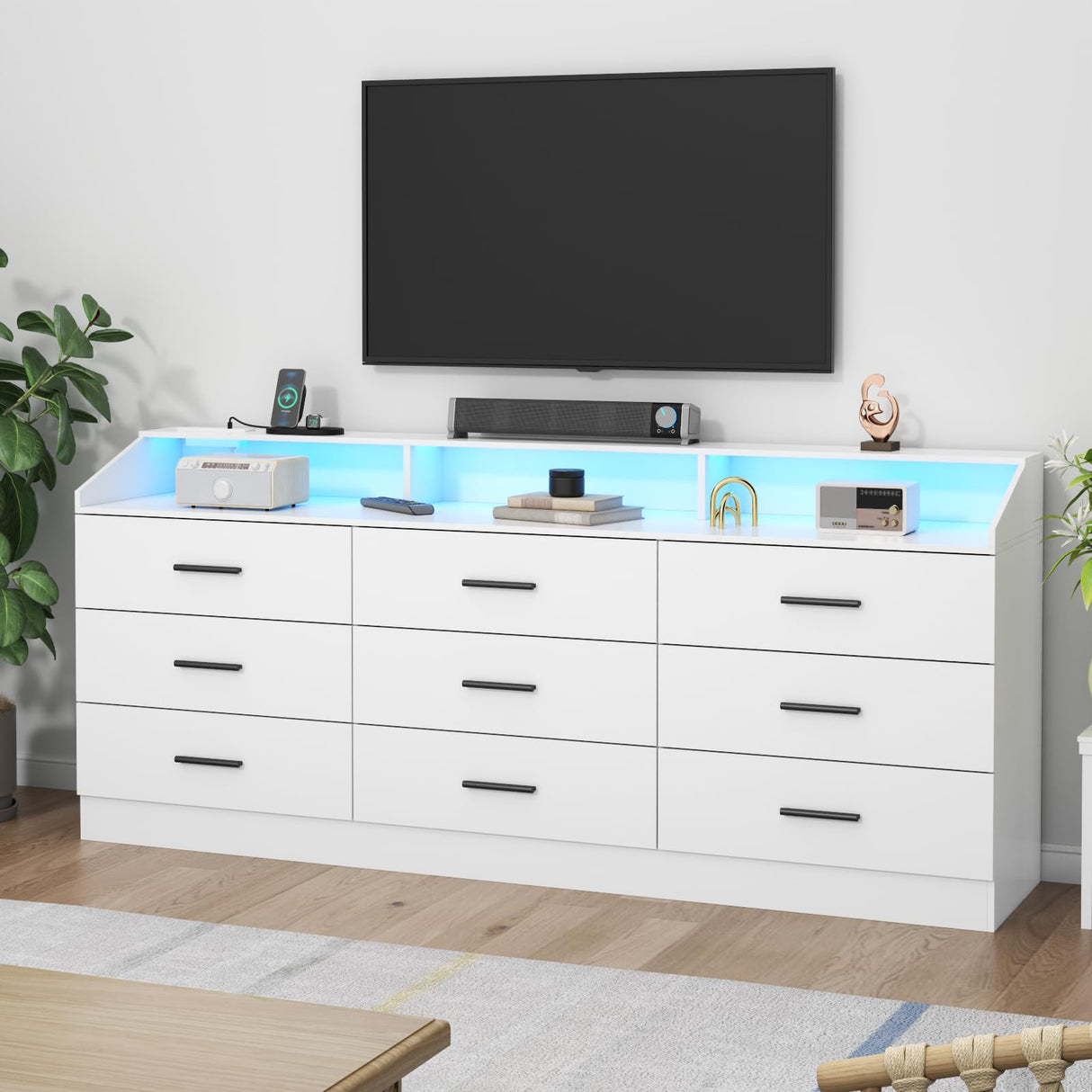 Gyfimoie 9 Drawers Dresser for Bedroom with Power Outlet, Chest of Drawers with LED Light, Modern Dressers with Open Storage Cubby, Triple Wide Dressers Organizer for Living Room (White) Gyfimoie