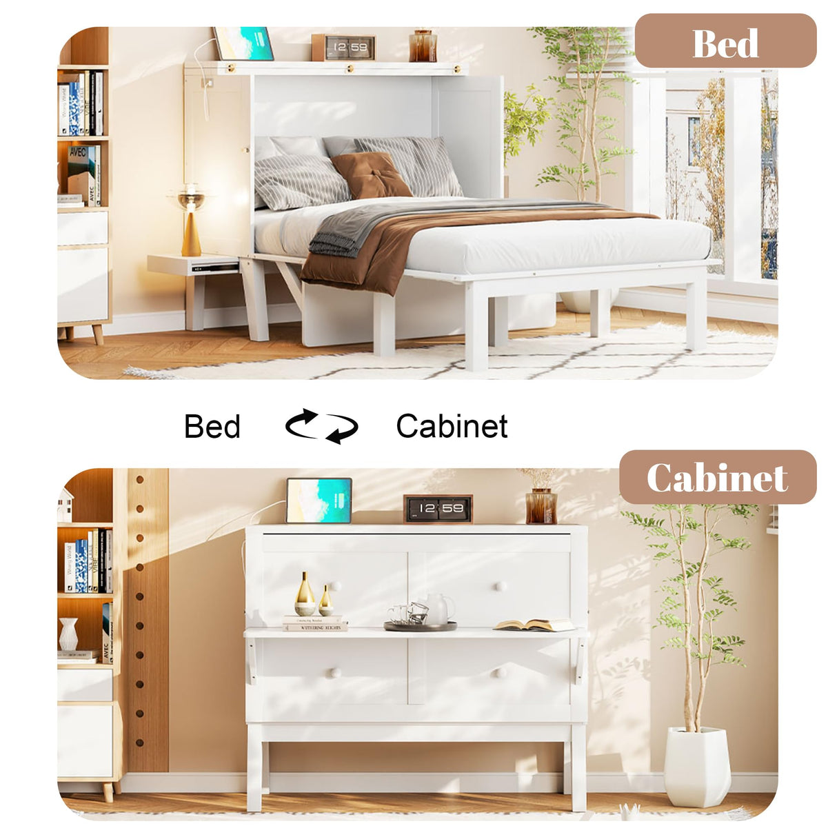 Merax Full Size Murphy Bed, Bed with USB Port and Removable Shelves on Each Side,White Merax