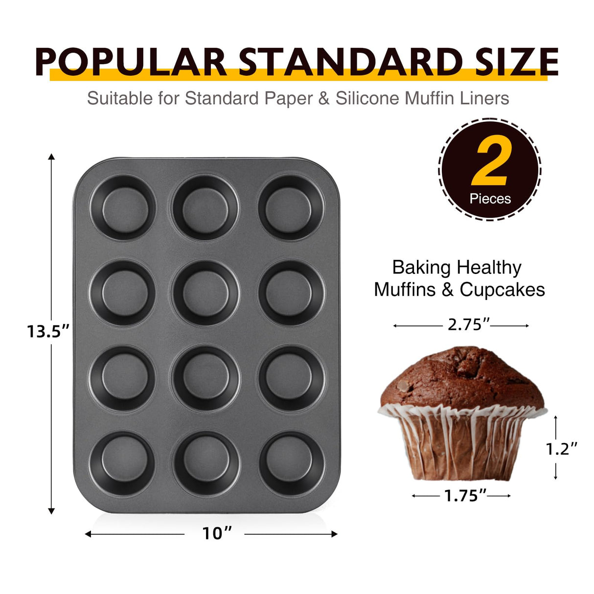 HONGBAKE Muffin Pan for Baking, Nonstick Cupcake Tin 12 Cup, 2 Pack Cup Cake Tray, Premium Cheesecake Pans, Dishwasher Safe - Dark Grey HONGBAKE