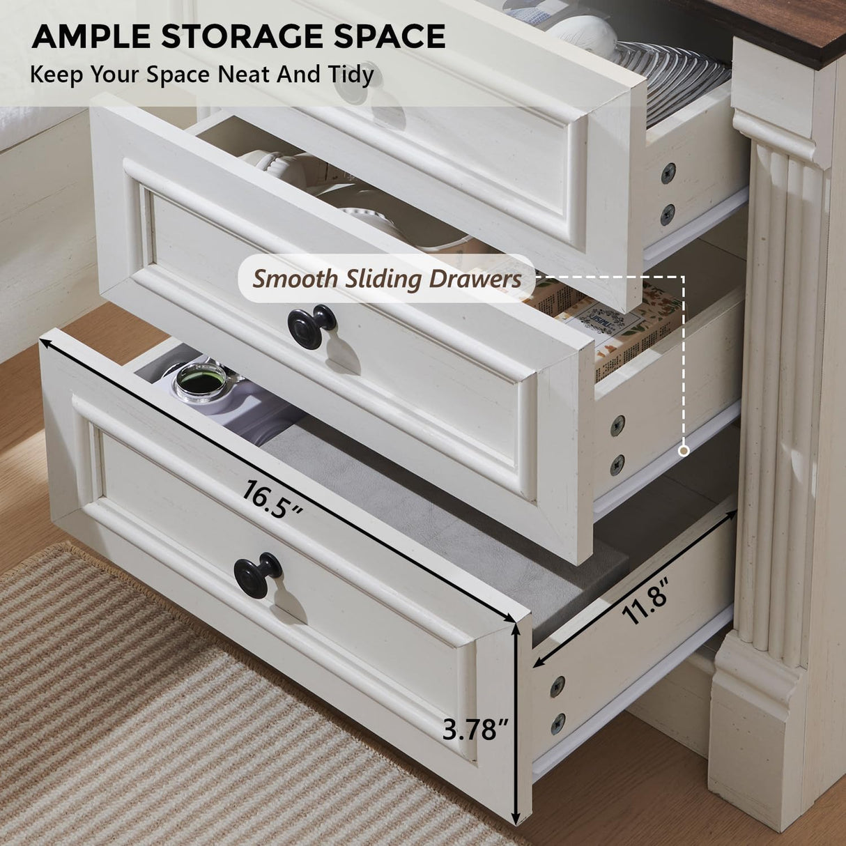 Aitjunz 26" Tall Farmhouse Nightstand Set of 2, 3 Drawers End Table w/Charging Station, 23.6" Wide Large Side Table w/Roman Column, Wood Rustic Sofa Table for Bedroom, White Aitjunz