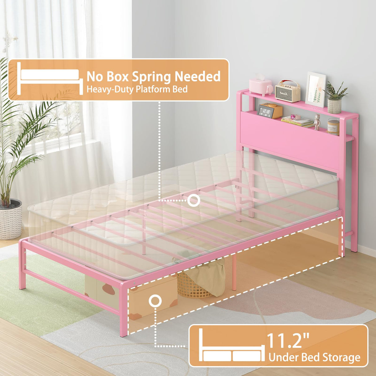 Weehom Twin Bed Frames for Kids with 2 Tiers Wood Storage Shelves Headboard, Twin Size Bed No Box Spring Needed Under Bed Storage Space Metal Platform for Girls and Adults, Pink Weehom