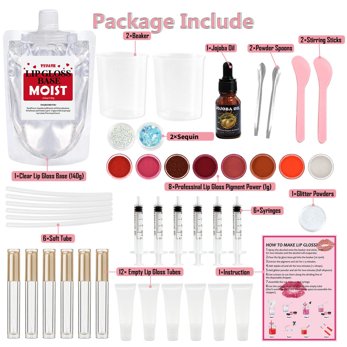 TSVATE Lip Gloss Making Kit, Lip Gloss Kit, Diy Lipgloss Set, Fun Make Your Own Lipgloss Kids Lip Gloss for Girls, Women, Moisturizing Lip Gloss Base, Jojoba Oil, Tubes, Gift for Her TSVATE