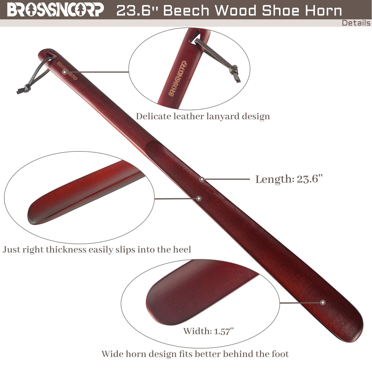 Brosisincorp Wooden Shoe Horn Long Handle For Seniors 23.6" Easy Wear Helper Shoehorns Women Kids Baby Elderly Hanging Rings Red Beech Wood Brosisincorp