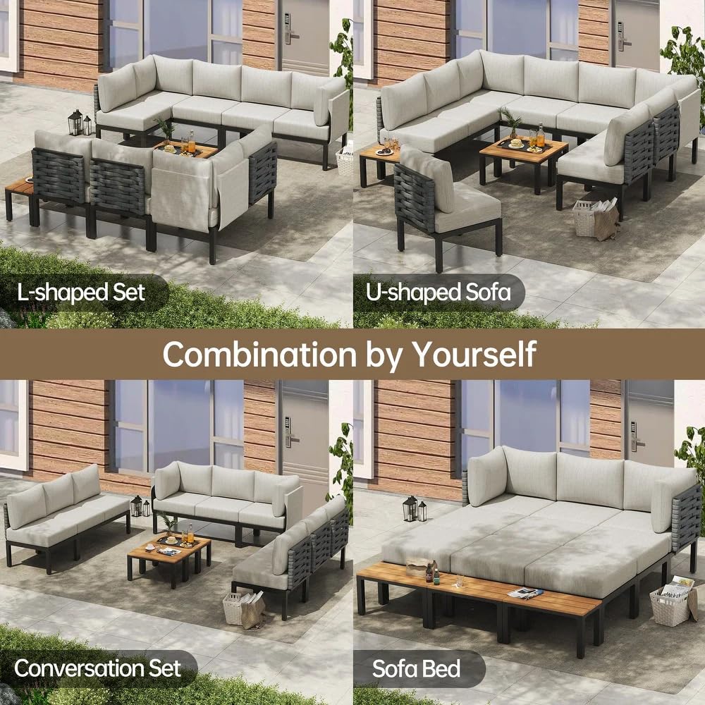 PIZZELLO 12 Pieces Outdoor Patio Furniture w/ 6" Thick Cushion, U-Shaped Sofa Set, All Weather Sectional Conversation Modular Couch for Garden, Deck, Lawn PIZZELLO