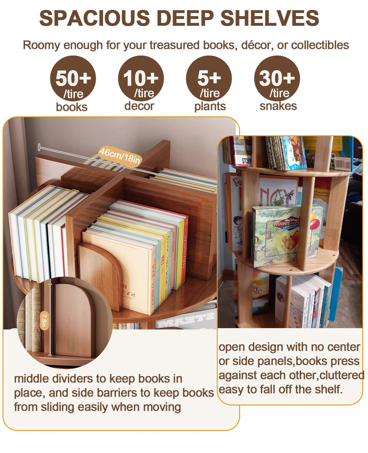 Rotating Bookshelf with Drawers On Wheel, 360° Display Spinning Corner Book Shelf Tower, 6 Tier Tall Narrow Bookshelves, Small Revolving Bookcase (Walnut, 6 Tier+Drawer) Breevia