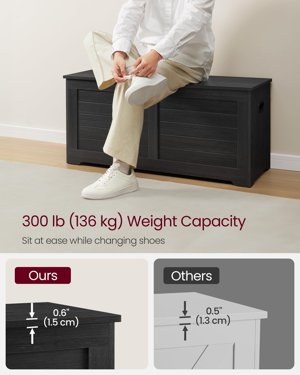 VASAGLE Storage Chest, Storage Trunk with 2 Safety Hinges, Storage Bench, Shoe Bench, Farmhouse Style, 15.7 x 39.4 x 18.1 Inches, for Entryway, Bedroom, Living Room, Ebony Black ULSB061B01 VASAGLE