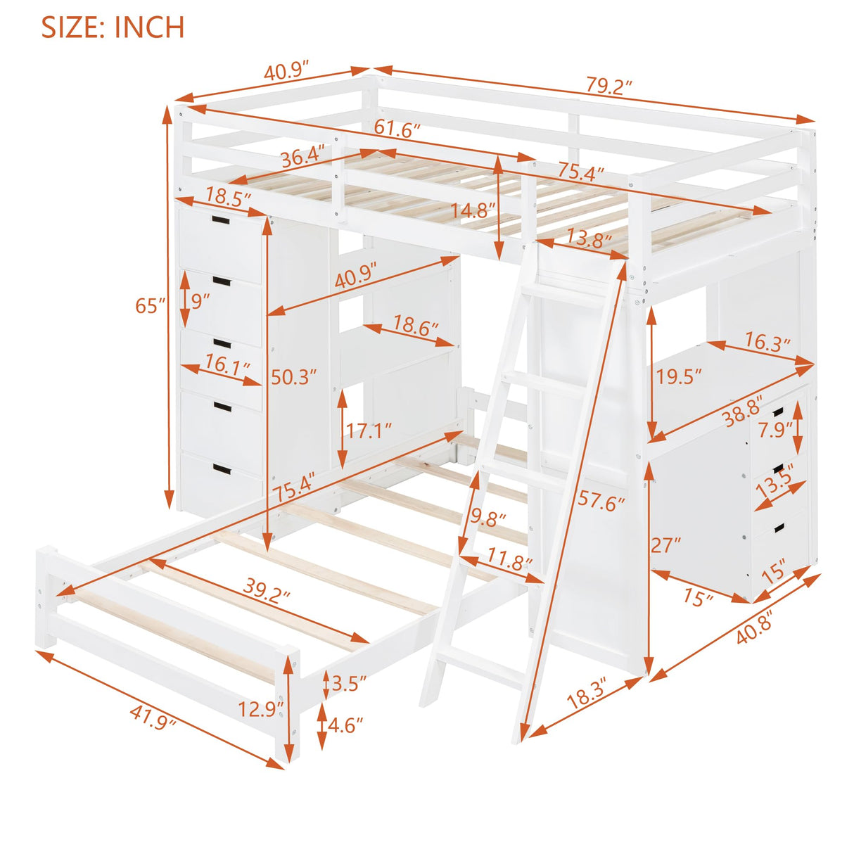 Harper & Bright Designs Twin Size Bunk Bed with Desk and 8 Drawers, Wood Kids Bunk Bed with Shelves, LED and USB Ports, Loft Bed with Movable Lower Bed for Kids Teens, White Harper & Bright Designs