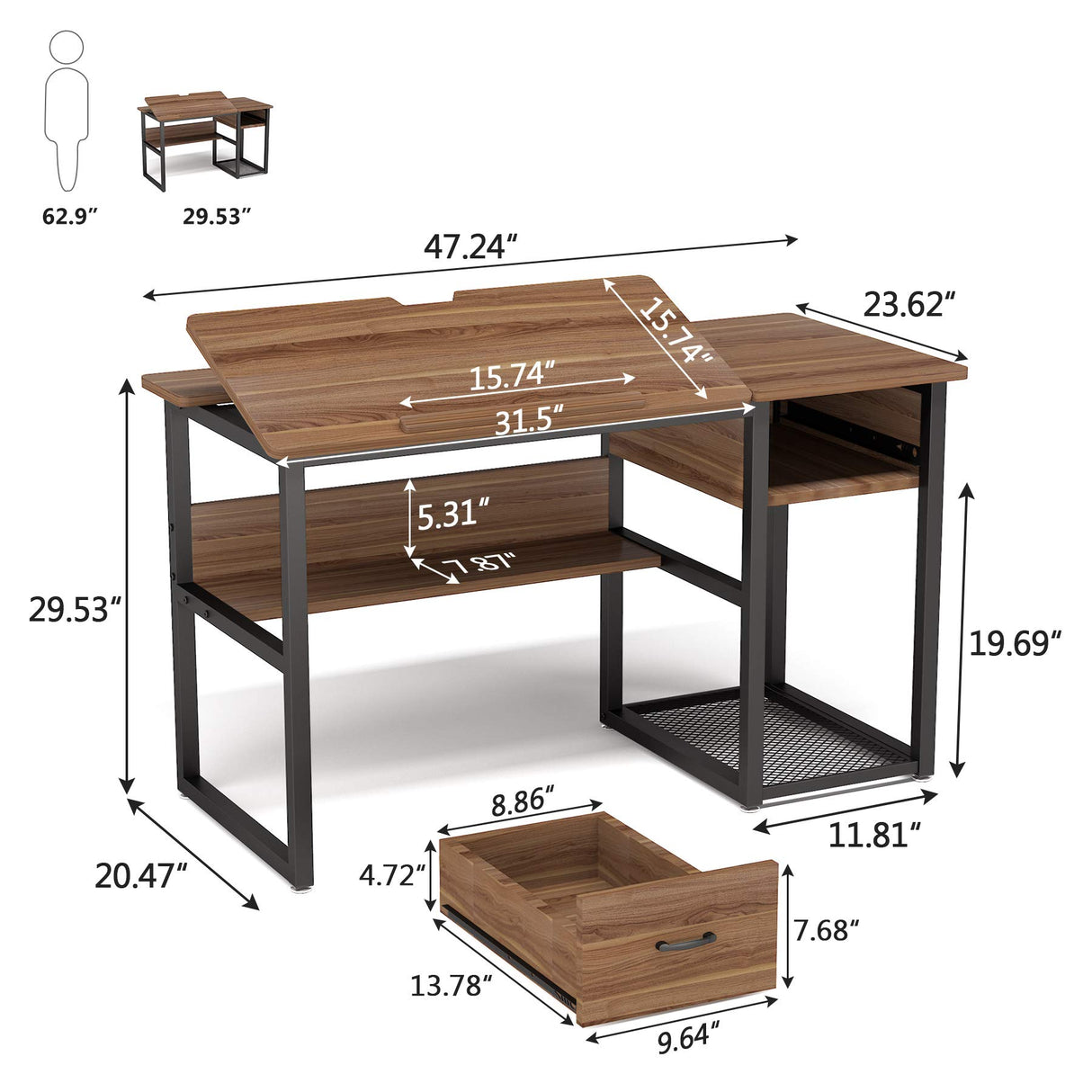 Tribesigns Drafting Table with Storage Drawers, Drawing Computer Desk Artist Craft Table Painting Desk Workstation with Shelves and Tiltable Tabletop for Students, Home Office Tribesigns