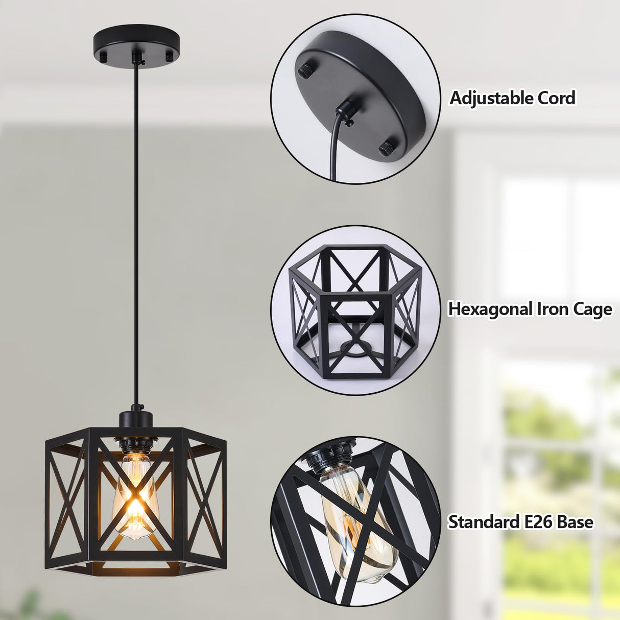 XSDeTu 2 Pack Farmhouse Pendant Lights, Modern Black Hanging Light Fixture with Hexagonal Cage, Industrial Metal Ceiling Lights, Adjustable Lantern Pendant Lighting for Kitchen Island Sink Hallway XSDeTu