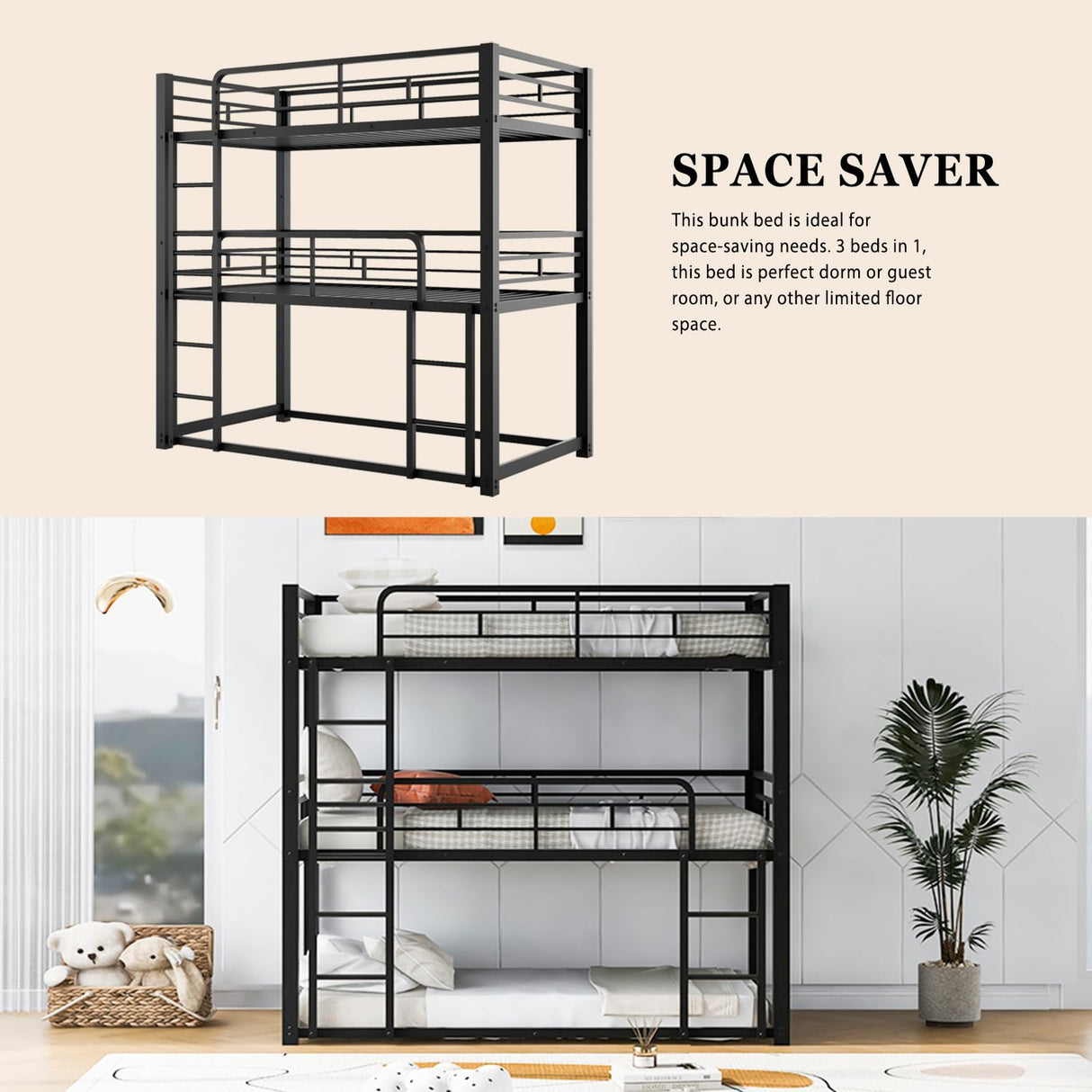 AnoYishev Triple Bunk Bed for Kids,Twin Over Twin Over Twin Metal Bunkbeds with Ladder for Kids Teens Bedroom, No Box Spring Needed, Easy Assembly (Black) AnoYishev