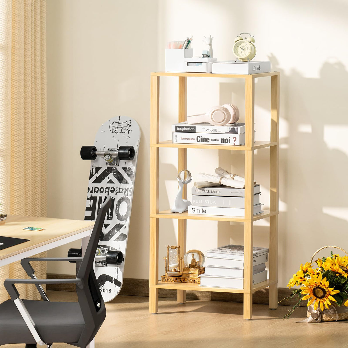 YUFAM 4-Tier Tall Natural Bamboo Bookshelf - Space-Saving Storage for Home and Office YUFAM