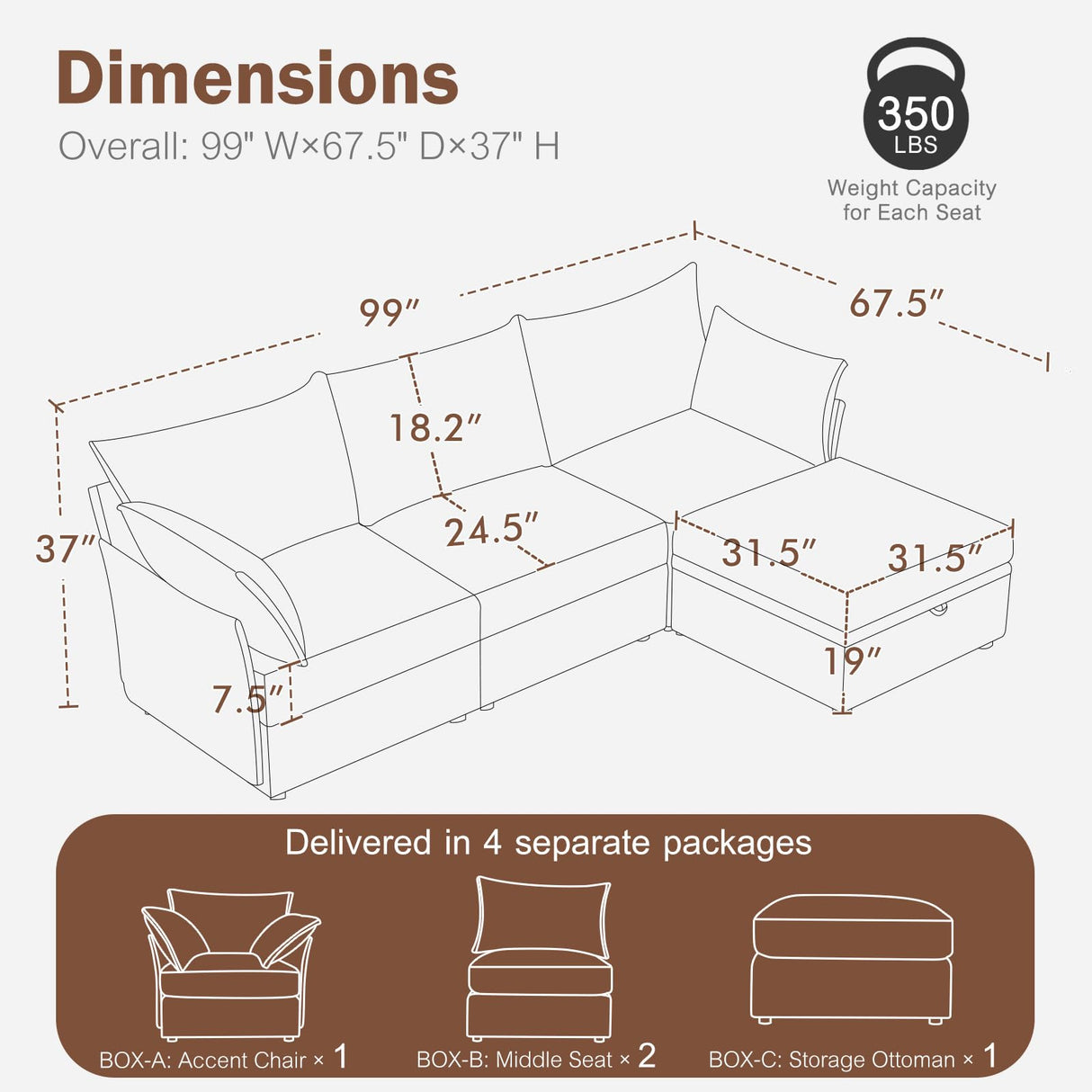 ABCASA Modular Sectional Sofa, L Shaped Couch Set for Living Room, 3-Seater Comfy Cloud Couches with Movable Storage Ottoman,DIY Combination,1400lb Capacity - Chenille Blue ABCASA