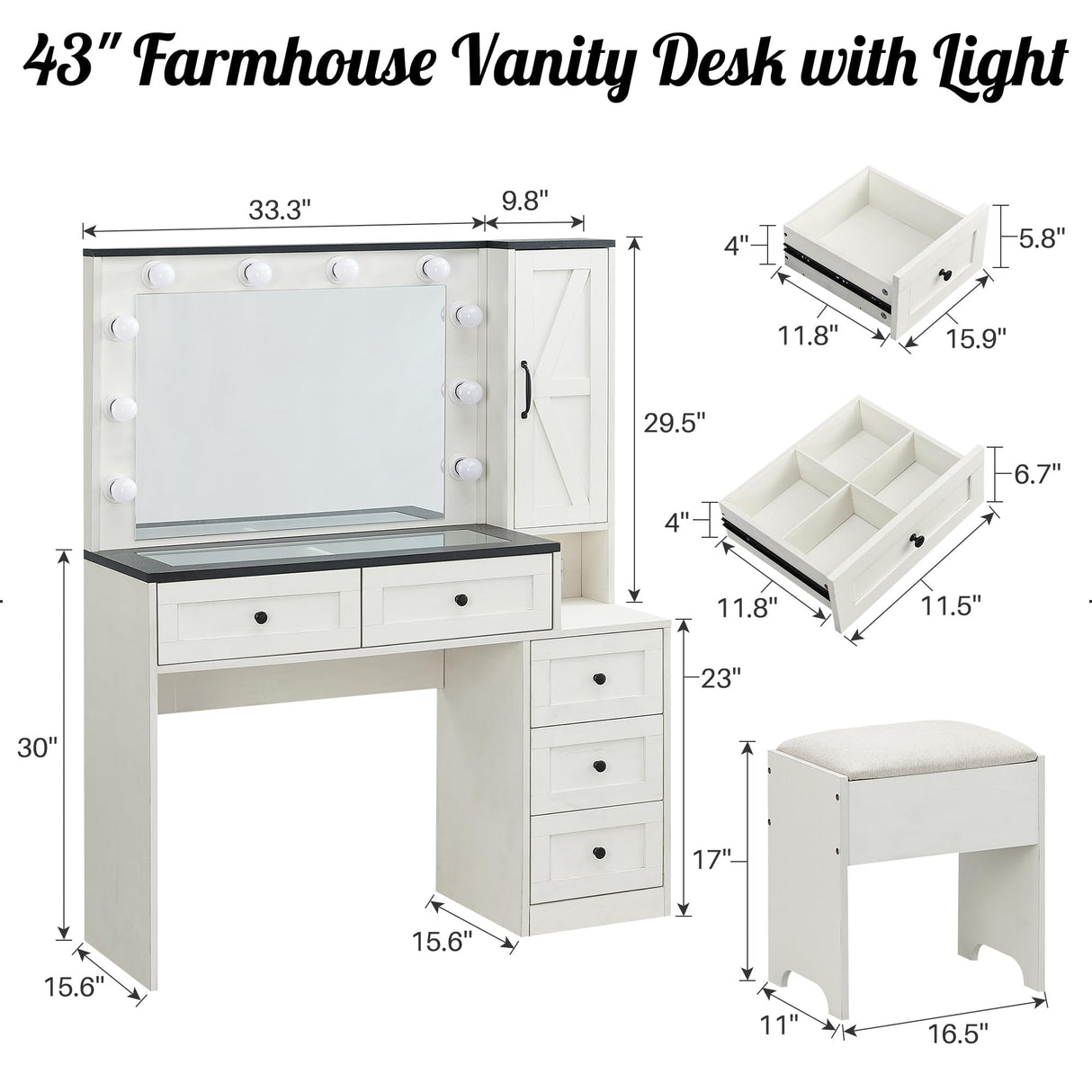 ACCOHOHO Farmhouse Vanity Desk with Mirror and Lights, 43" Wide Makeup Vanity with Glass Tabletop and Charging Station, Modern Vanity Table Set with Storage and Stool for Bedroom, Off White ACCOHOHO