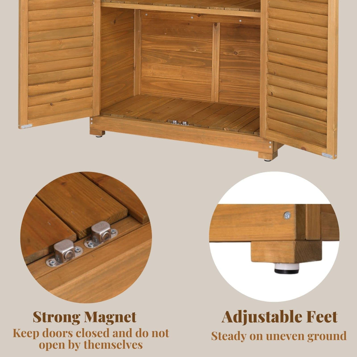 Outvita Outdoor Storage Cabinet, 63in Wooden Garden Tools Shed with 2 Lockable Doors, 3 Adjustable Shelves, Waterproof Roof for Yard Garge Patio Deck Porch, Natural Outvita