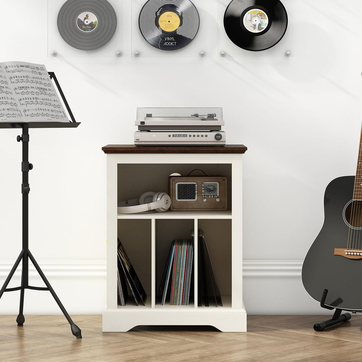 Farmhouse Record Player Stand, 3 Tier End Table, Turntable Stand with Vinyl Record Storage Holds Up to 160 Albums,Wood Record Holder Cabinet Dispaly Shelf for Living Room,Bedroom,Office,Antique White RowyPoey