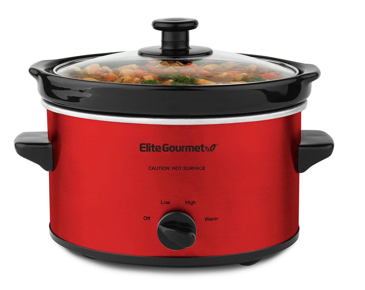 Elite Gourmet MST-275XR# Electric Oval Slow Cooker, Adjustable Temp, Entrees, Sauces, Stews & Dips, Dishwasher Safe Glass Lid & Crock (2 Quart, Metallic Red) Elite Gourmet