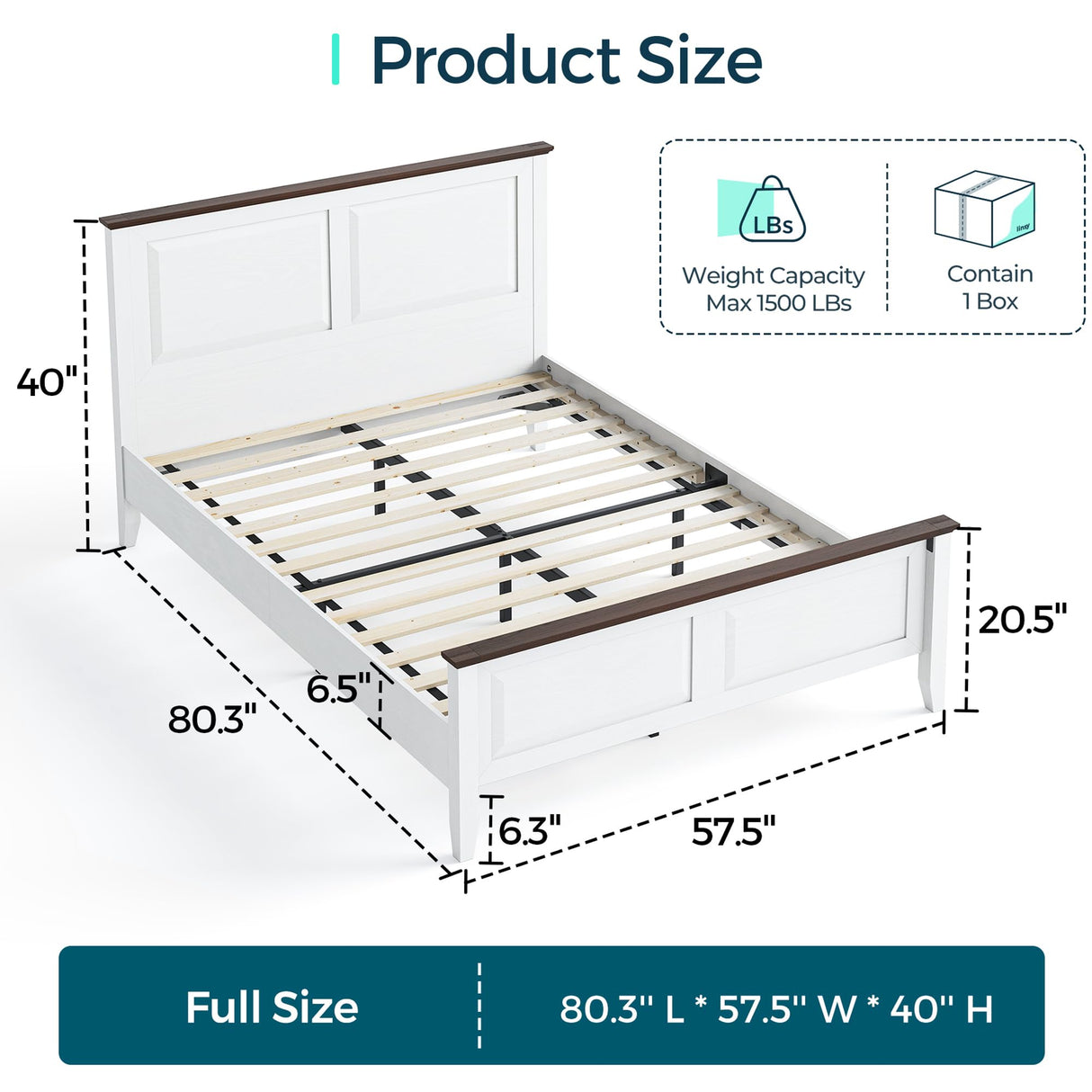 LINSY Farmhouse Bed Frame, Full Bedframe with Headboard and Footboard, Wooden Bed Frame with Solid Wood Slats, Rustic White Platform Bed Frames Full Size, No Box Spring Needed LINSY