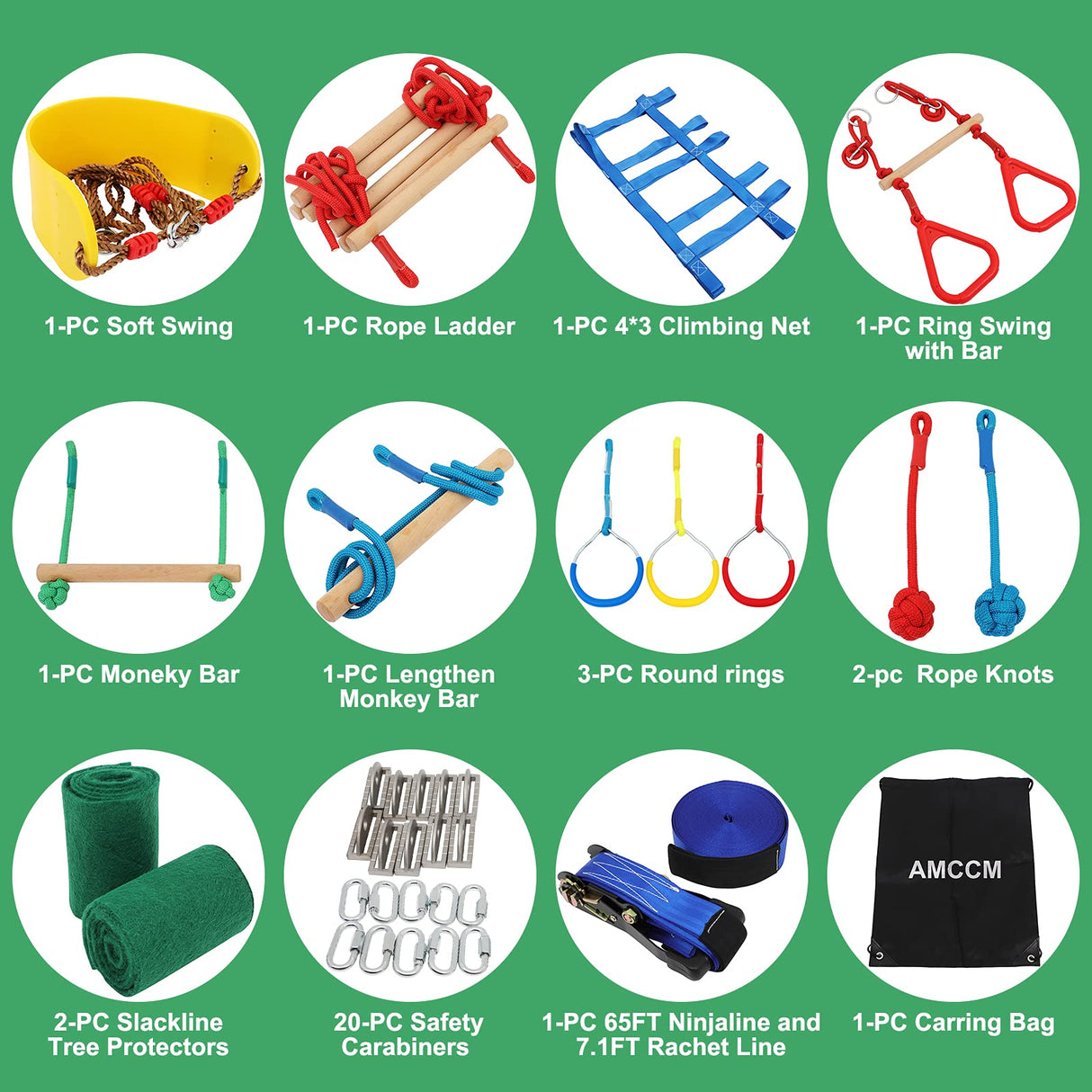 AMCCM Ninja Warrior Obstacle Course for Kids -Slackline Kit 65FT with 15 Sturdy Attachments Like Obstacle Net, Swing, Monkey Bar - Ninja Course for Kids Outside Multicolour AMCCM