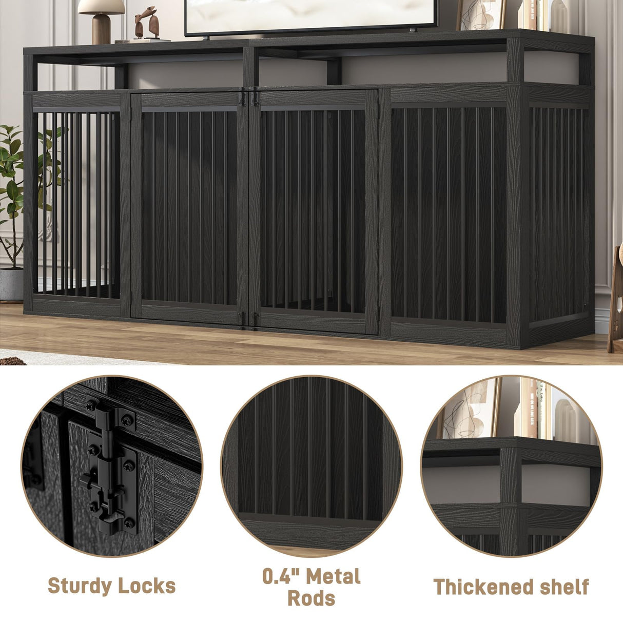 87In Farmhouse Dog Crate TV Stand, Wooden Dog Kennel Furniture with 2 Doors, Large Dog Crate Furniture for 2 Dogs, Solid Metal Tube & 4 Lockable Doors, Black jiteentarou