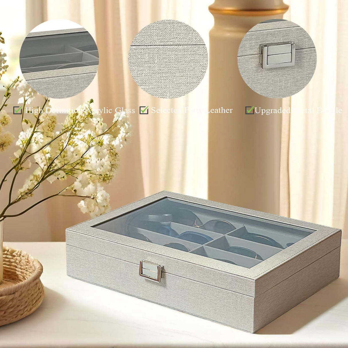 UnionPlus 8-Slots Sunglasses Case Organizer, Eyeglass Glasses Display Holder Collector, Multiple Sunglasses Storage Case, Beige Liner Faux Leather UnionPlus