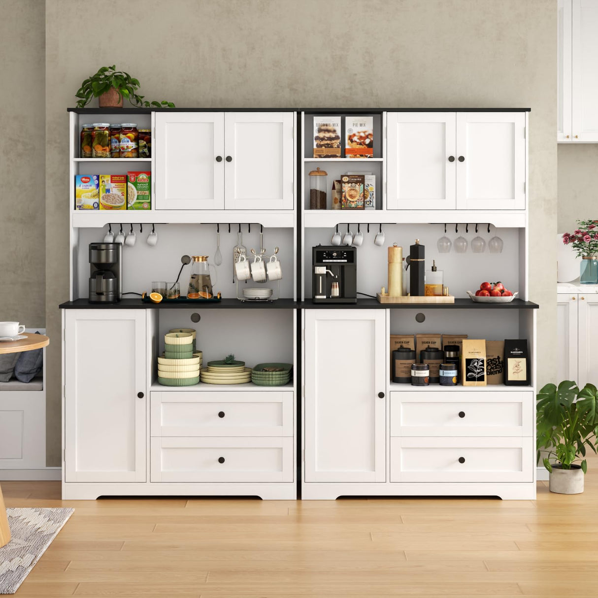 Kitchen Pantry Storage Cabinet,Freestanding Buffet Cabinet with Wine Glass Holder and 2 drawers,Food Pantry with Doors and Shelves,Tall Kitchen Hutch with Microwave Stand for Kitchens(White+Black) Gyfimoie