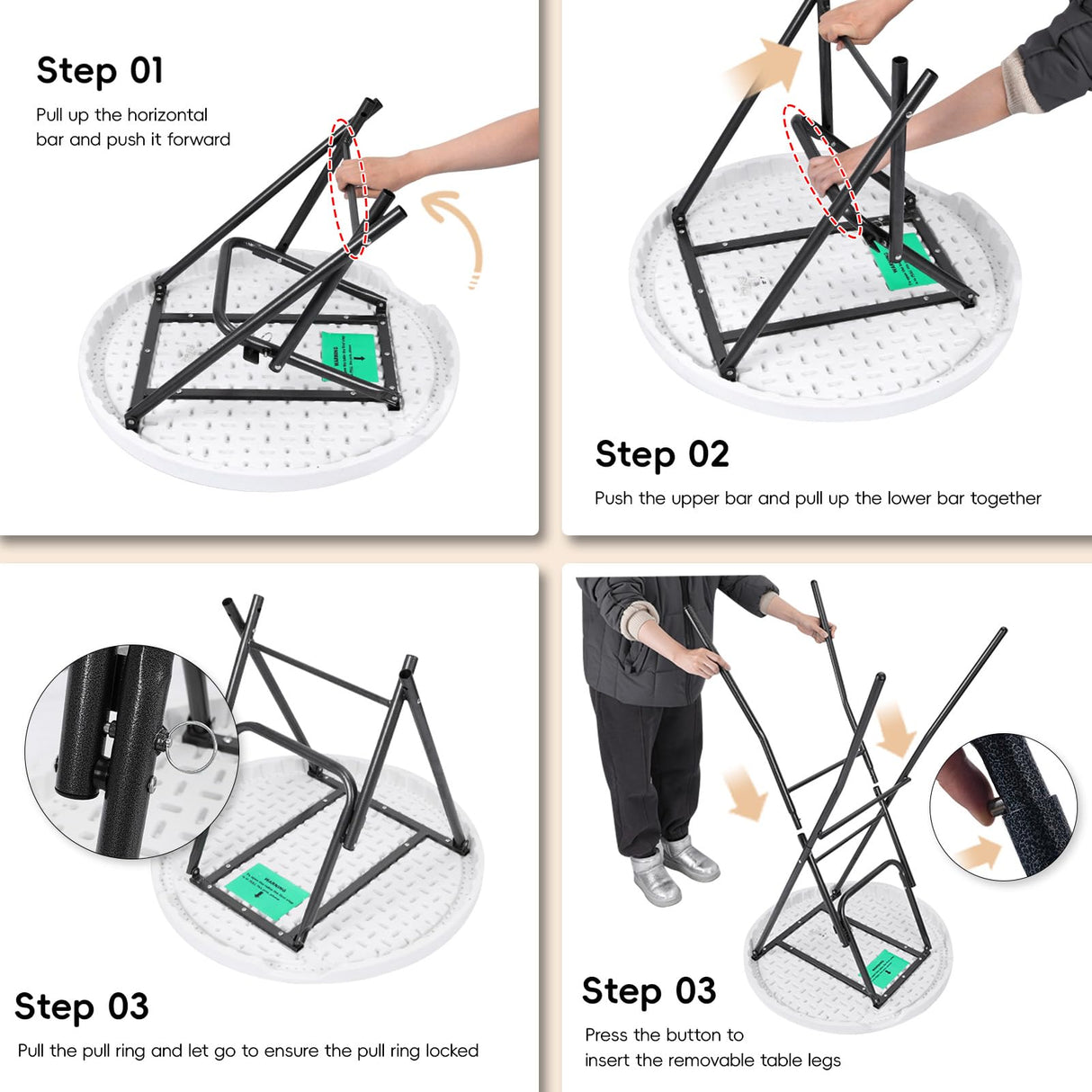 Cocktail Table 28in Portable Folding Bar Height Table, Compact Round High Top Plastic & Steel Bistro with Removable Legs, for Indoor Outdoor RV Patio Catering Parties Commercial Events pollilar