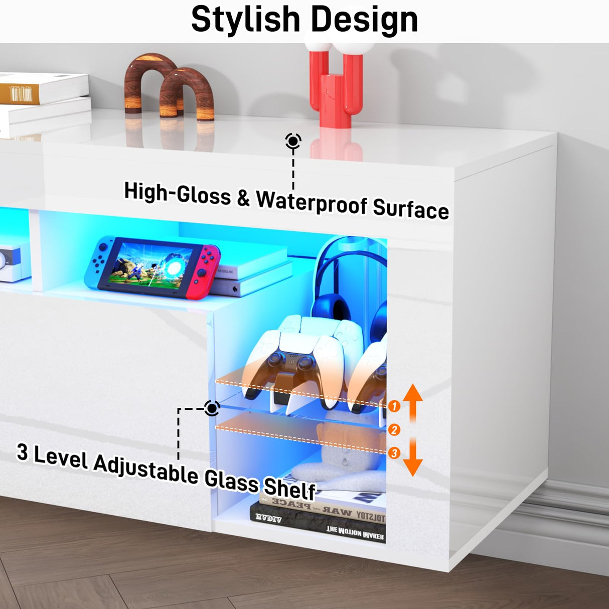 chartustriable 63" Floating High Gloss LED TV Stand for 75" TVs, Wall-Mounted Entertainment Center, Modern Media Console with Open Adjustable Glass Shelf and Hidden Storage Cabinet, White chartustriable