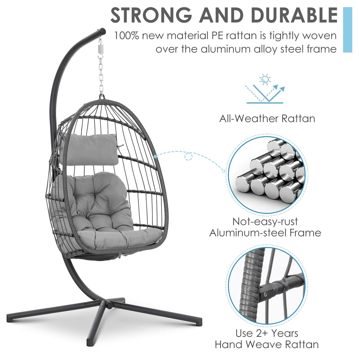 Brafab Swing Egg Chair, Hammock Chair, Hanging Chair, Aluminum Frame and UV Resistant Cushion with Steel Stand for Indoor Outdoor Patio Bedroom Wicker Rattan Hand Made Chair 350LBS Capacity Brafab