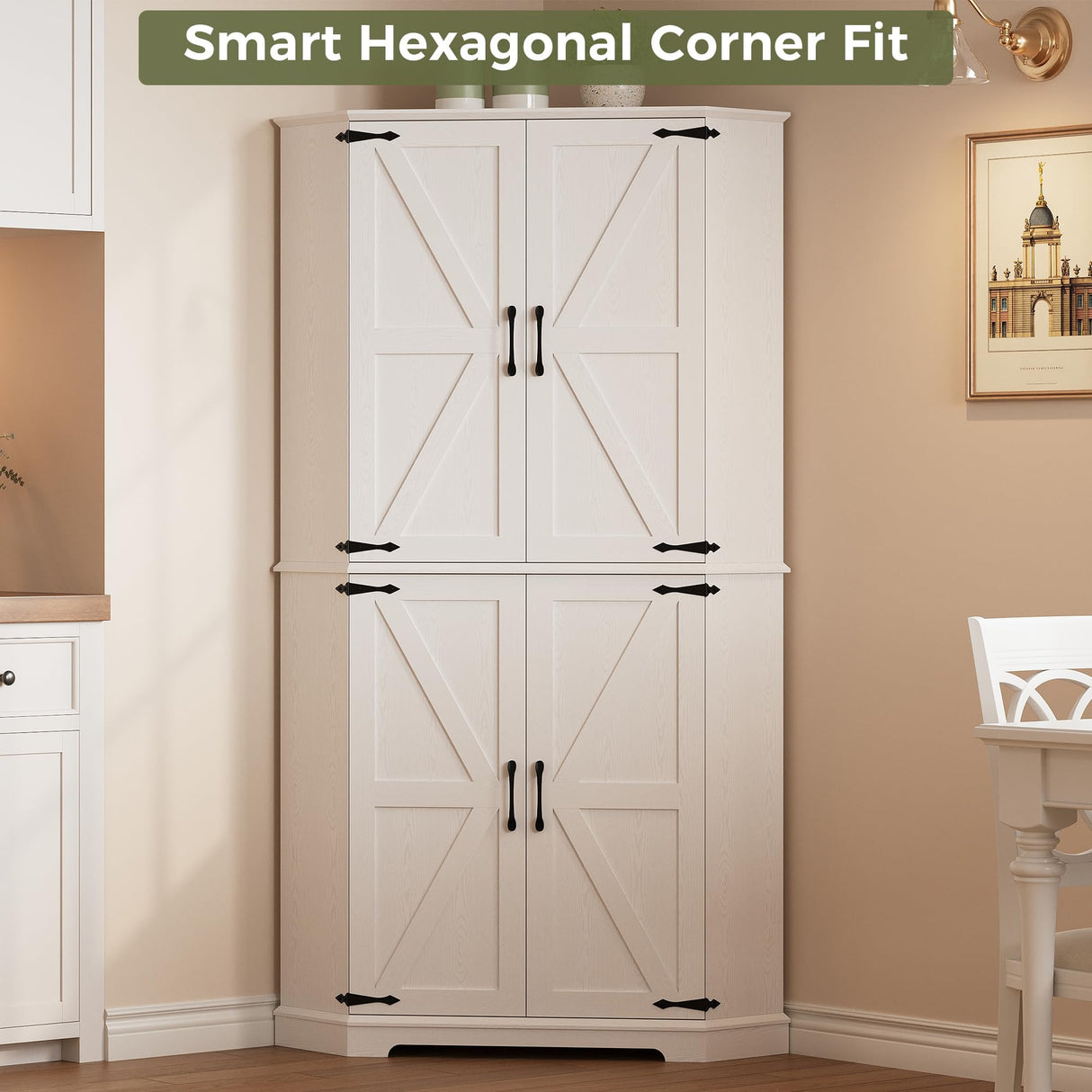 IRONCK Corner Cabinet, 72" Kitchen Pantry Cabinet, 6-Tier Freestanding Farmhouse Pantry with 4 Adjustable Shelves, 240°Swivel Doors, 2 Doors Storage, Spacious Hutch for Kitchen, Living Room, White IRONCK