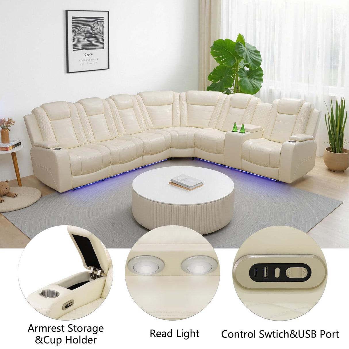 Leather Reclining Sofa with LED,Power Recliner Sectional Couch for Living Room,Reclining Couches with Read Light/Charging/Hide-Away Storage (Cream-White, Sectional) Pon Living Furniture Inc
