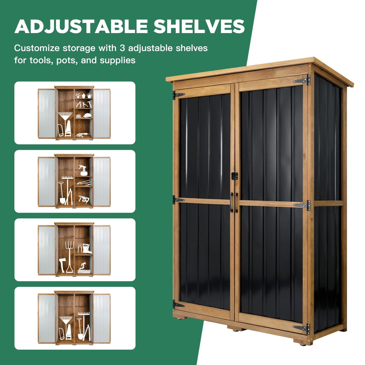 Ketive Outdoor Storage Cabinet Wood & Metal, Storage Shed Waterproof Double Lock for Anti-Theft Removable Shelves Adjustable Feet Wooden Floor for Patio, Garden, Lawn Pool Storage, 46" X 18" X 68" ketive