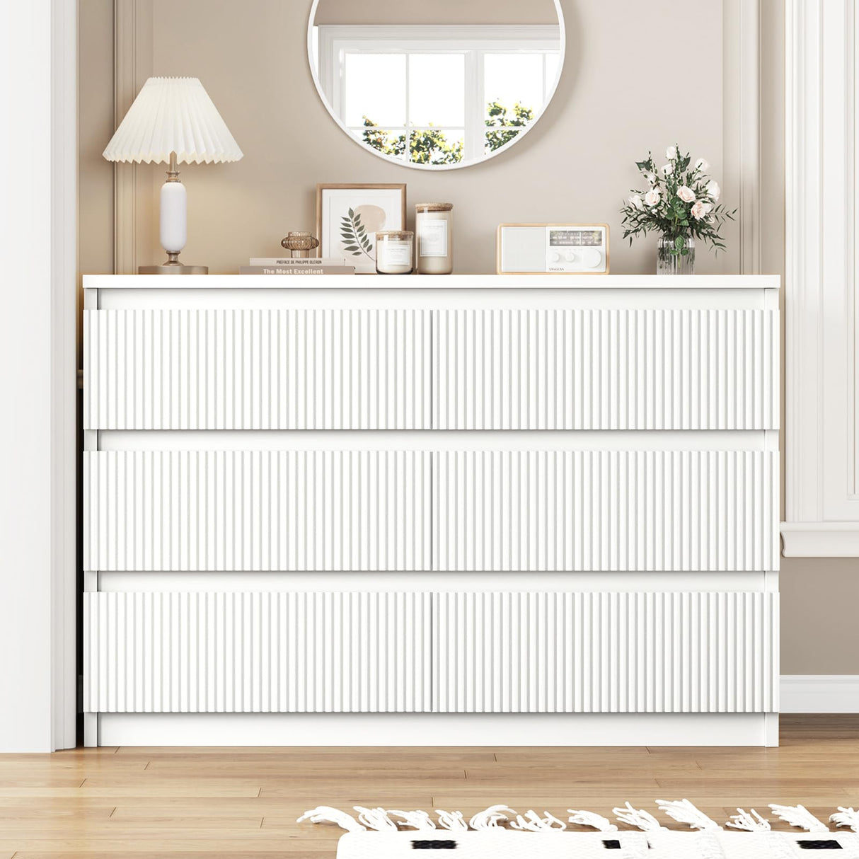 Jocoevol White Dresser 6 Drawer Dresser for Bedroom, Modern Fluted Dresser with Deep Drawers, Large Double Wooden Dresser Chest of Drawers for Living Room, Hallway, Entryway (White) Jocoevol